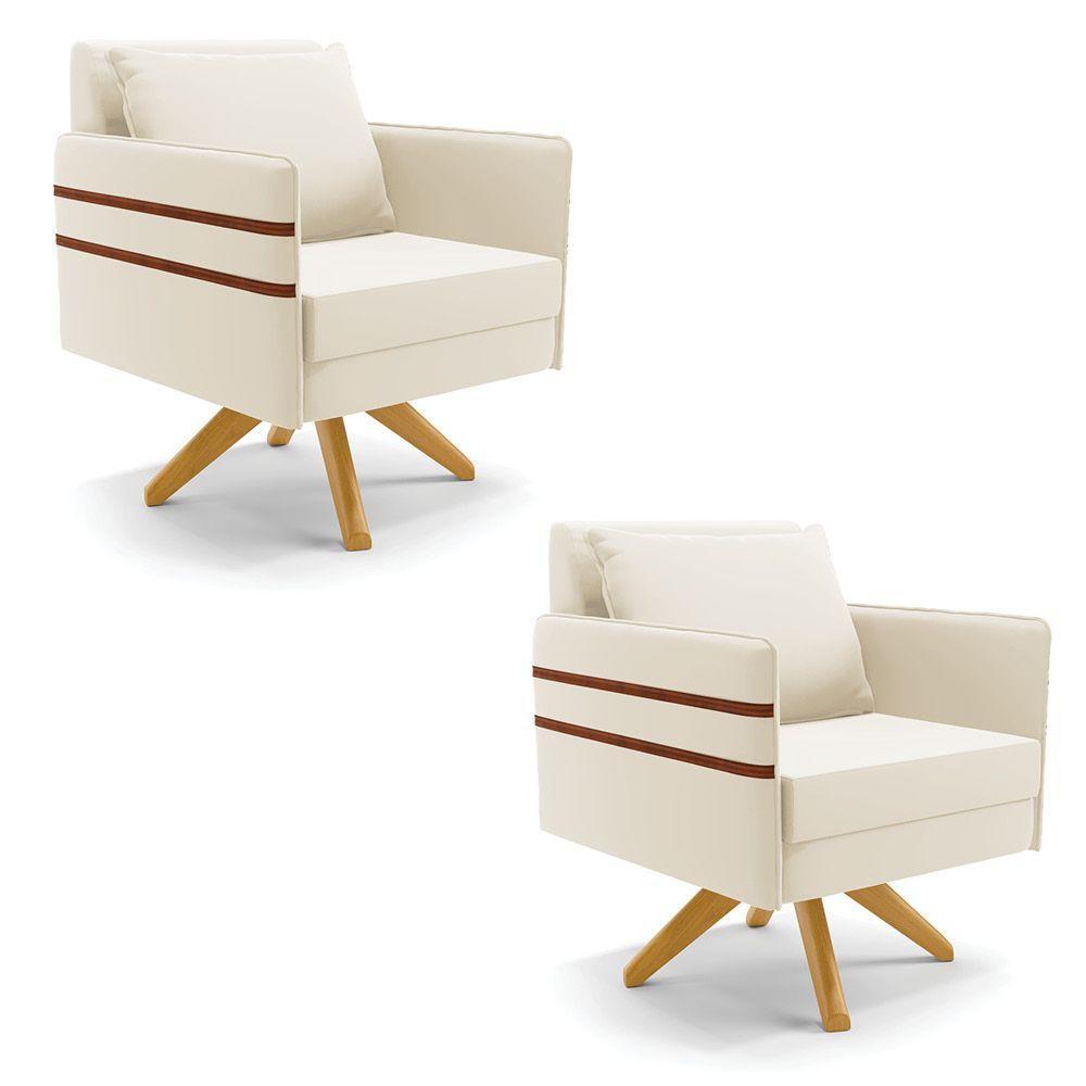 Kit 02 Poltronas Giratória Veludo Bege Base De Madeira Ma30 - 1