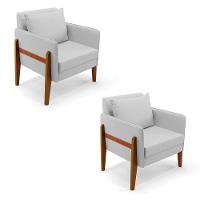 Kit 02 Poltronas Lana Linho Cinza A05 Base De Madeira - 1