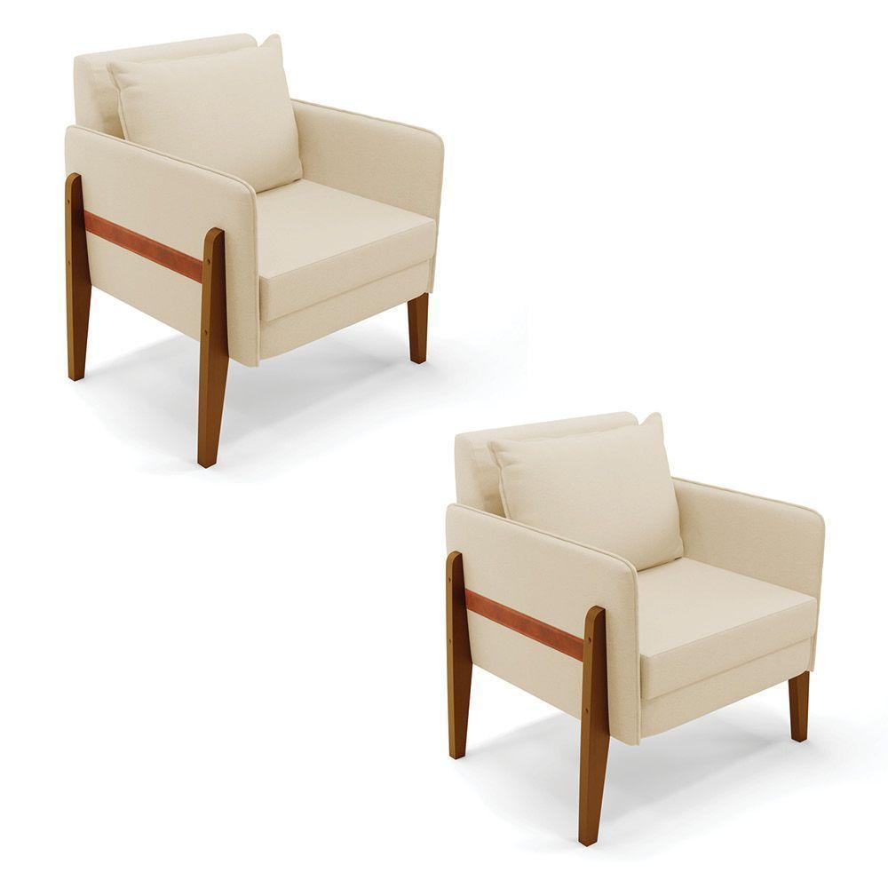 Kit 02 Poltronas Lana Linho Base De Madeira A19 Bege - 1