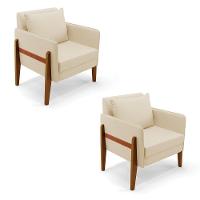 Kit 02 Poltronas Lana Linho Base De Madeira A19 Bege - 1