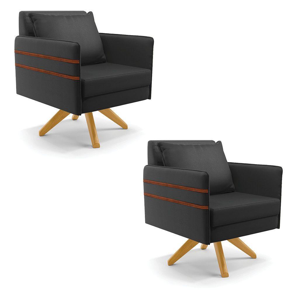 Kit 02 Poltronas Corino Preto Base De Madeira Ma30 - 1