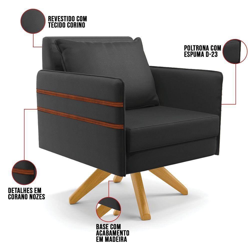 Kit 02 Poltronas Corino Preto Base De Madeira Ma30 - 4