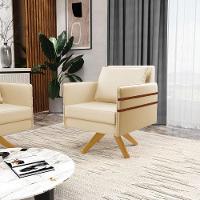 Kit 02 Poltronas Giratória Corino Base De Madeira Ma30 Bege - 8