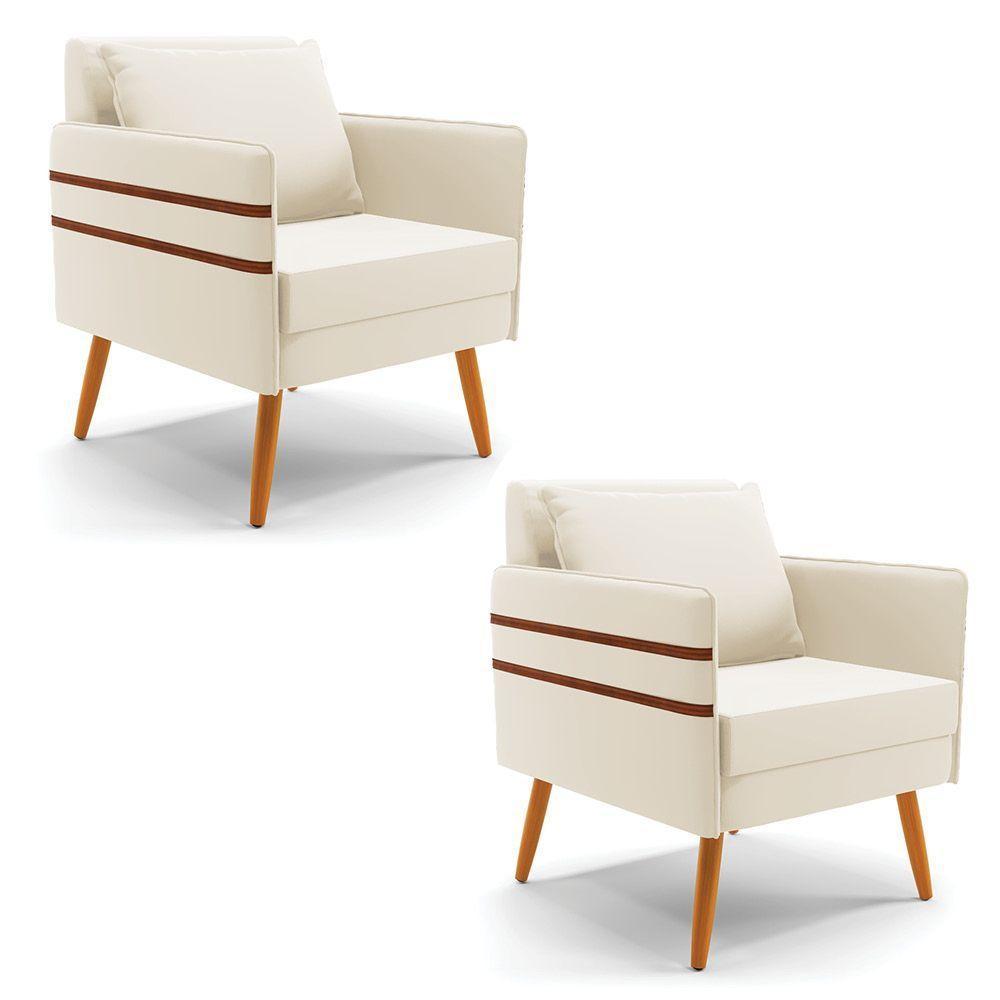 Kit 02 Poltronas Mari Veludo Bege Pés Palito Castanho - 1