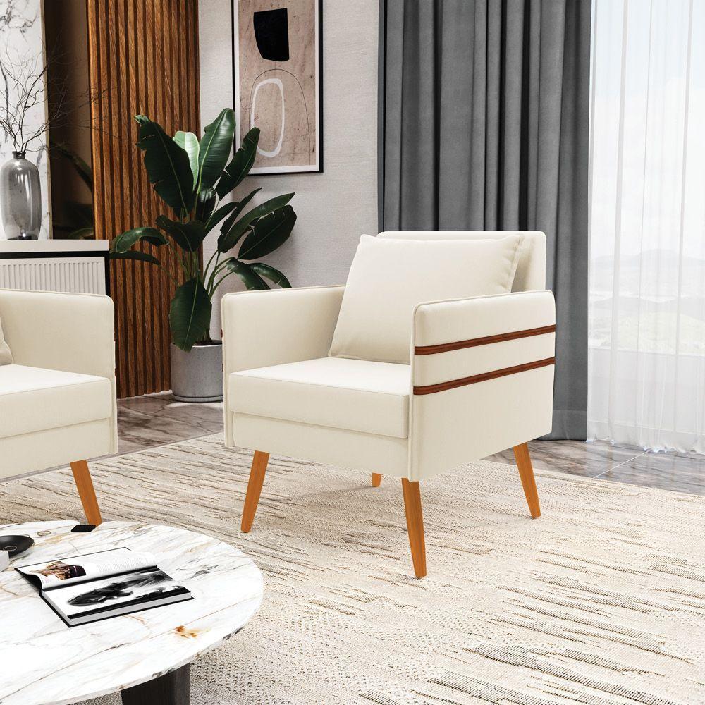 Kit 02 Poltronas Mari Veludo Bege Pés Palito Castanho - 9