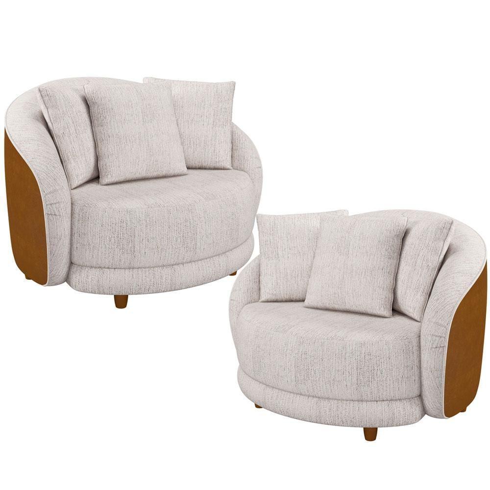 Kit 02 Poltronas Decorativa Fixa Pés De Madeira Witta M03 Couríssimo Whisky Linho Bege - Lyam Decor - 1