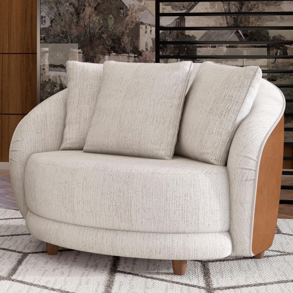 Kit 02 Poltronas Decorativa Fixa Pés De Madeira Witta M03 Couríssimo Whisky Linho Bege - Lyam Decor - 7