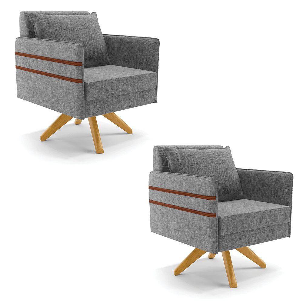 Kit 02 Poltronas Linho Grafite A26 Base De Madeira Ma30 - 1