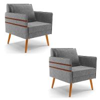 Kit 02 Poltronas Mari Linho Grafite A26 Pés Palito Castanho - 1