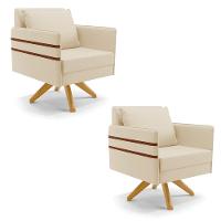 Kit 02 Poltronas Linho Base De Madeira Ma30 A19 Bege - 1