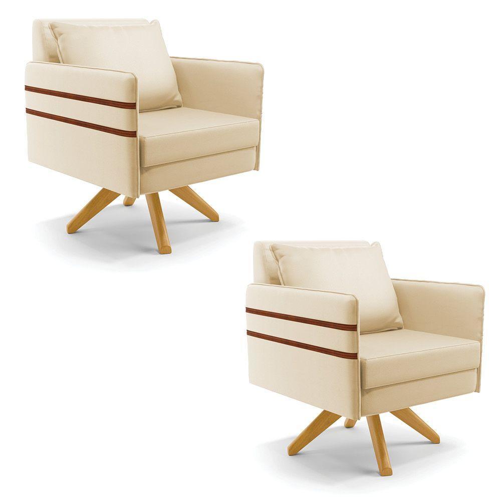 Kit 02 Poltronas Giratória Corino Bege Base De Madeira Ma30 - 1