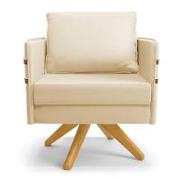 Kit 02 Poltronas Giratória Corino Bege Base De Madeira Ma30 - 7