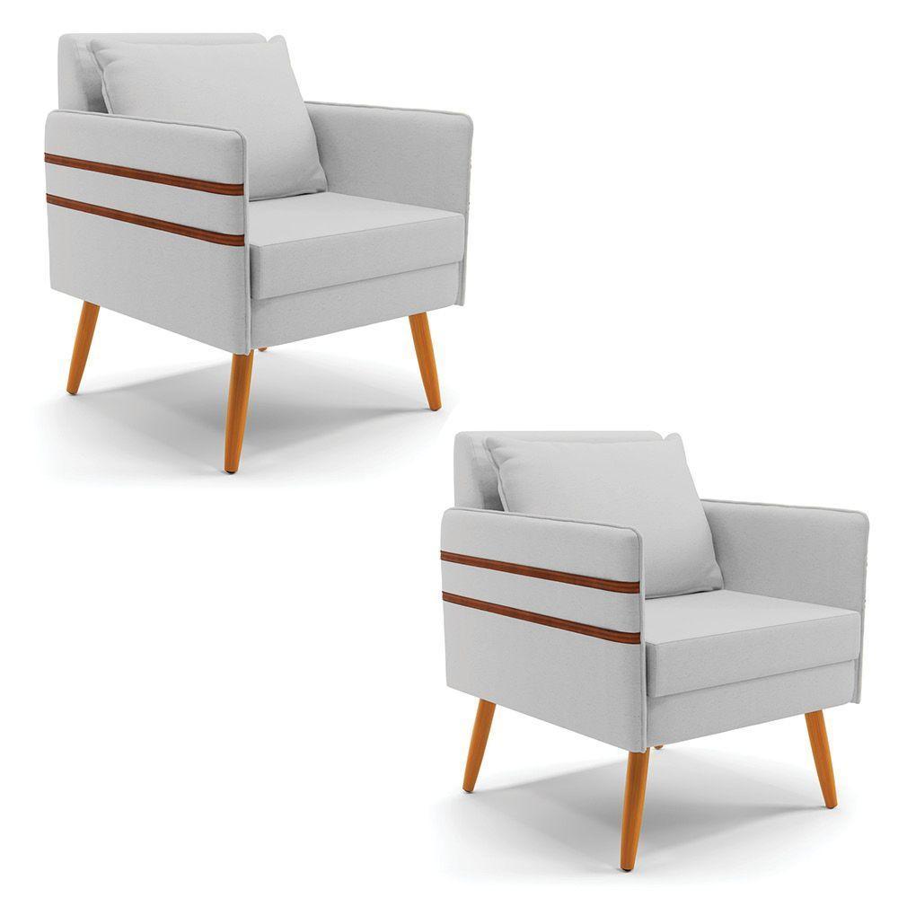 Kit 02 Poltronas Mari Linho Cinza A05 Pés Palito Castanho - 1