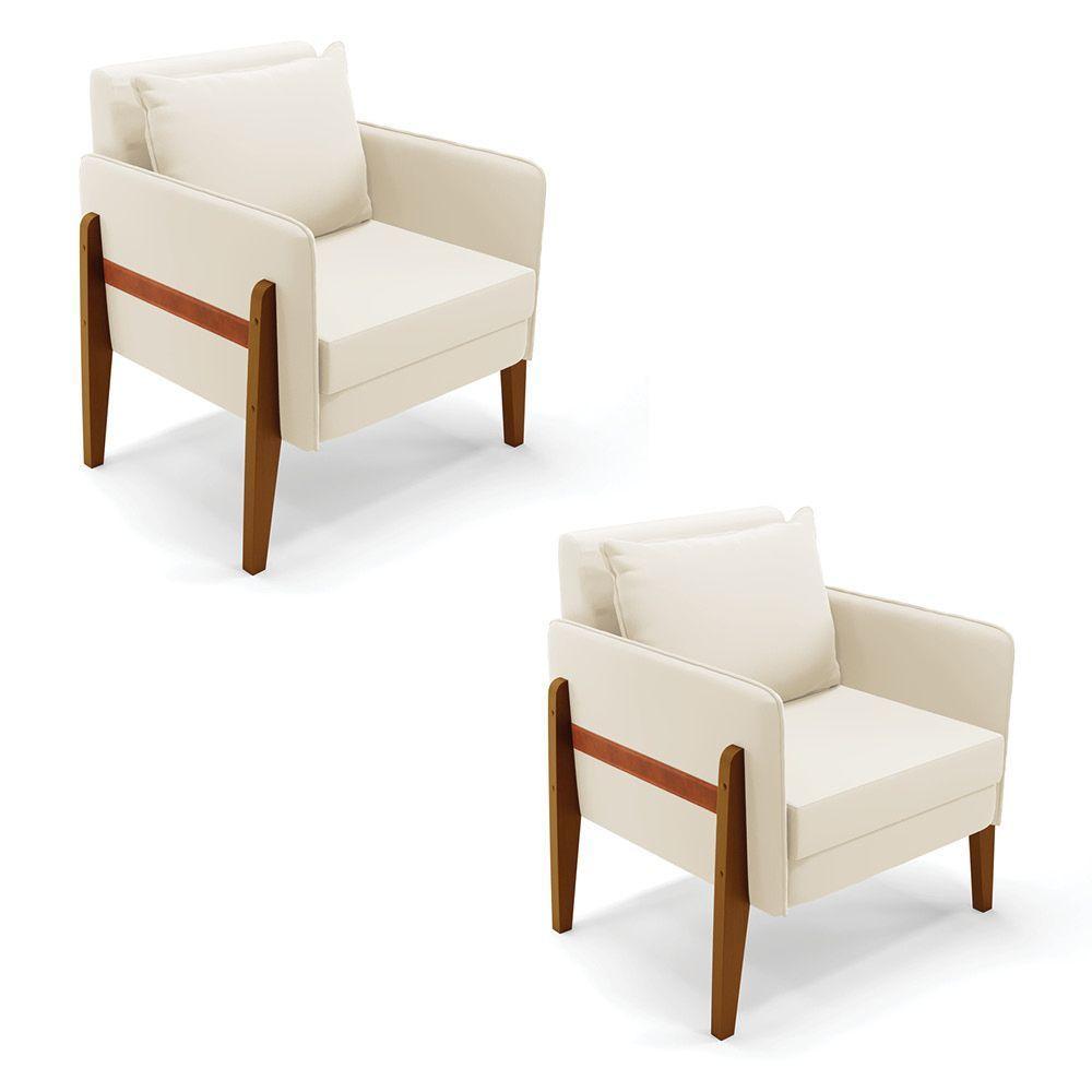 Kit 02 Poltronas Lana Veludo Bege Base De Madeira - D'rossi - 1