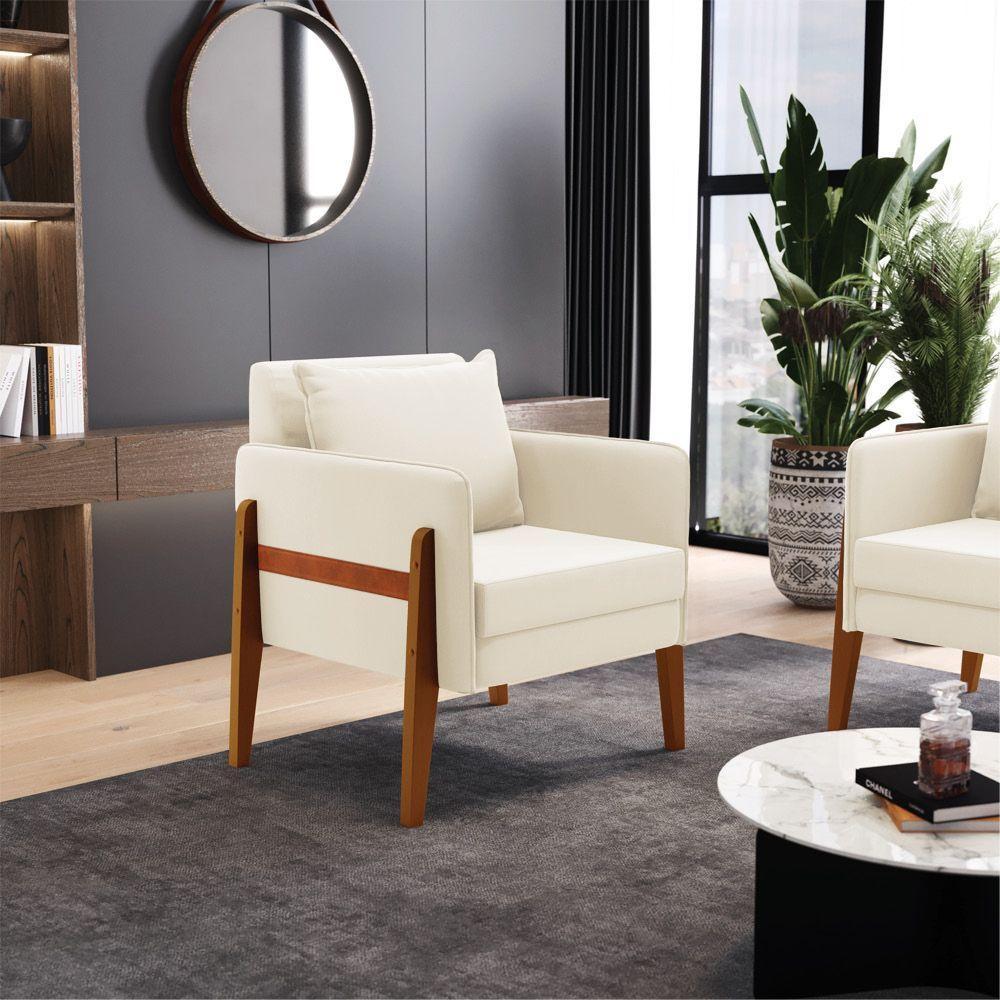 Kit 02 Poltronas Lana Veludo Bege Base De Madeira - D'rossi - 8