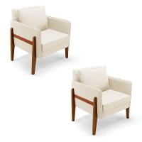 Kit 02 Poltronas Lana Veludo Bege Base De Madeira - D'rossi - 1