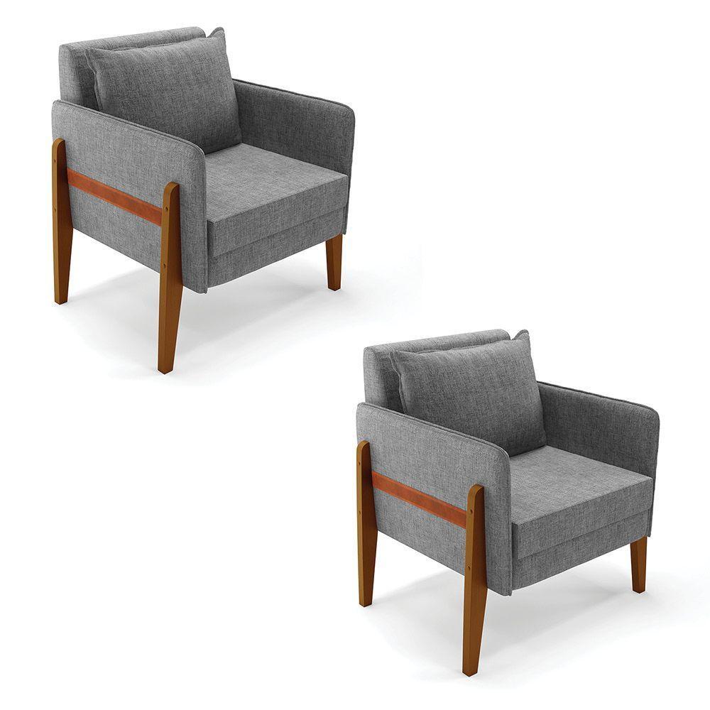 Kit 02 Poltronas Lana Linho Grafite A26 Base De Madeira - 1