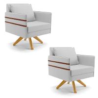 Kit 02 Poltronas Linho Cinza A05 Base De Madeira Ma30 - 1