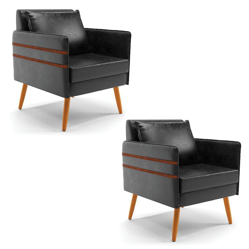 Kit 02 Poltronas Mari Corano Preto Pés Palito Castanho - 1