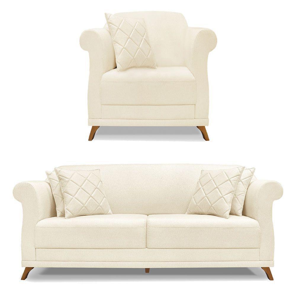 Kit Poltrona E Sofá 2 Lugares 1,60M Pés Castanho Bege - 1
