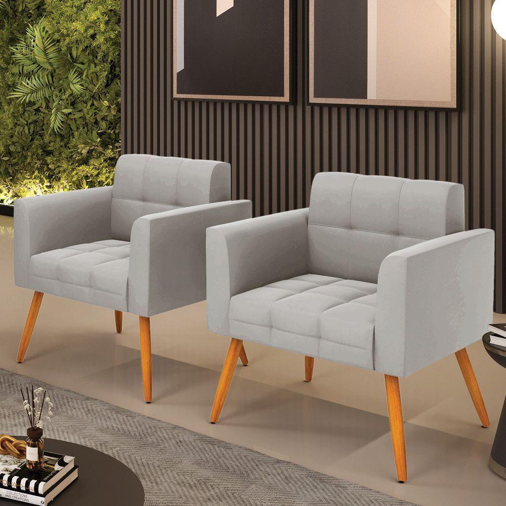 Kit 2 Poltronas Elisa Veludo Cinza Pés Palito Castanho - D'rossi - 2