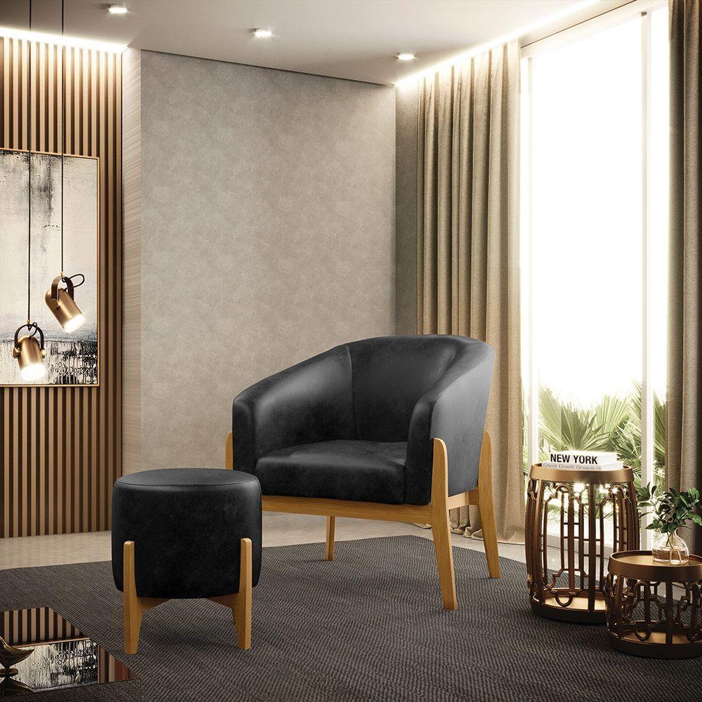 Puff Stella Corano Preto Base Madeira Castanho - D'rossi - 5