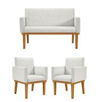 Kit Namoradeira + 02 Poltronas Linho Com Base Linho Bege - 1