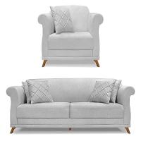 Kit Poltrona E Sofá 2 Lugares 1,80M Pés Castanho Cinza - 1