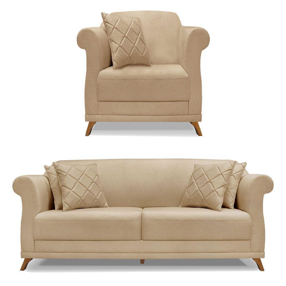 Kit Poltrona E Sofá 2 Lugares 1,80M Dourado Pés Castanho - 1