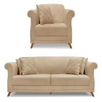 Kit Poltrona E Sofá 2 Lugares 1,80M Dourado Pés Castanho - 1