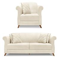 Kit Poltrona E Sofá 2 Lugares 1,60M Natural Pés Castanho - 1