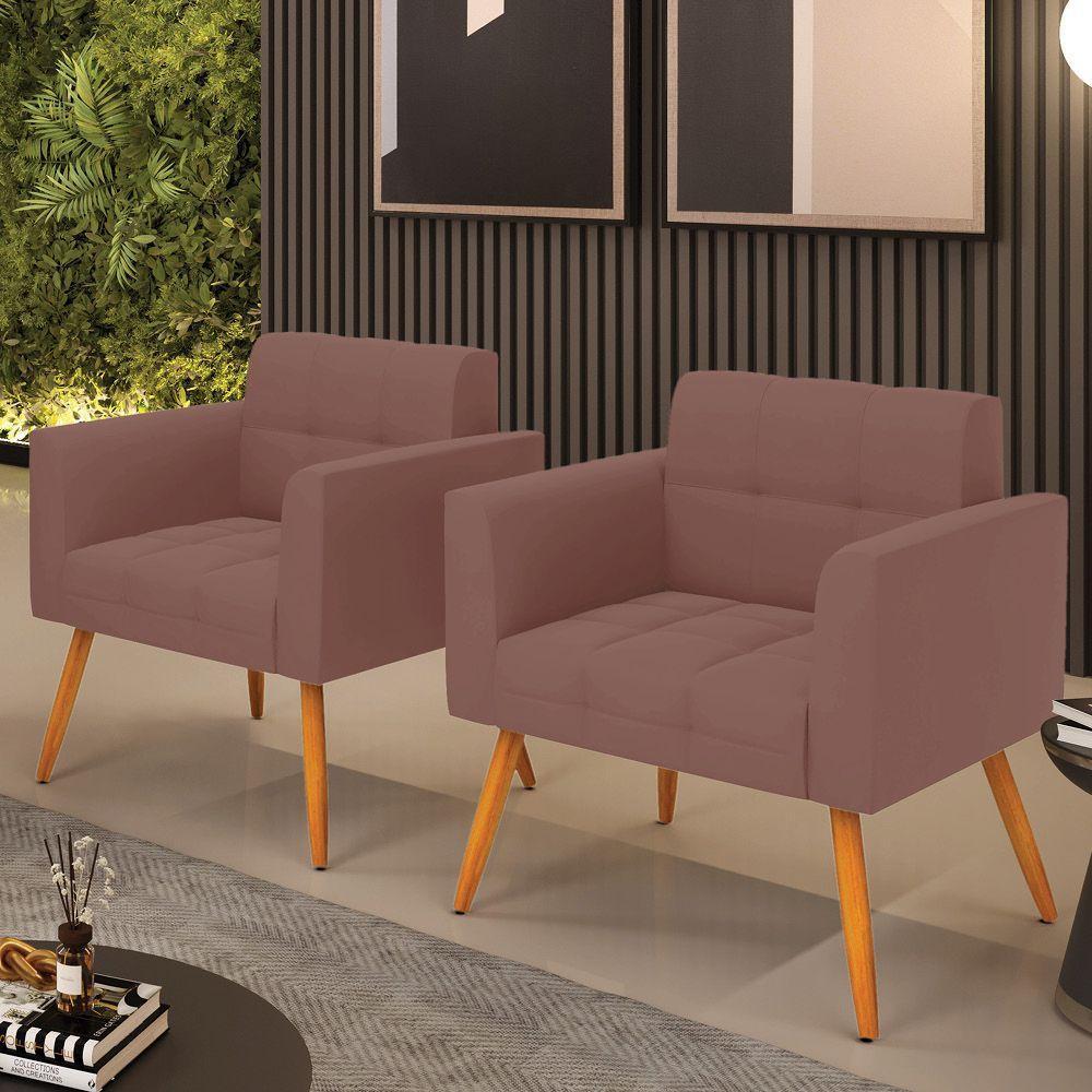 Kit 2 Poltronas Elisa Veludo Pés Palito Castanho - D'rossi Cor Rose - 2
