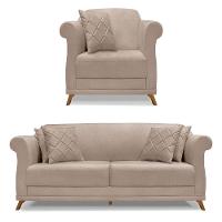 Kit Poltrona E Sofá 2 Lugares 1,80M Pés Castanho Areia - 1