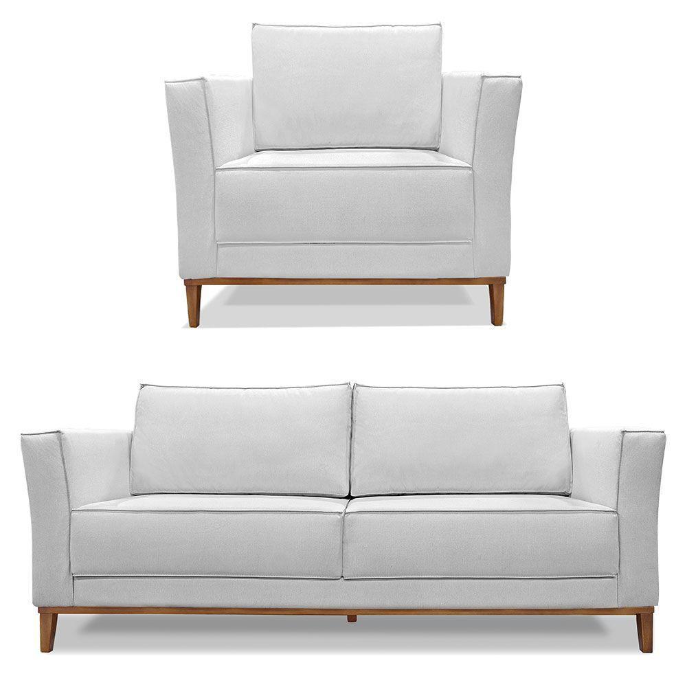 Kit Poltrona E Sofá 2 Lugares 1,90m Cinza Pés Castanho - 1