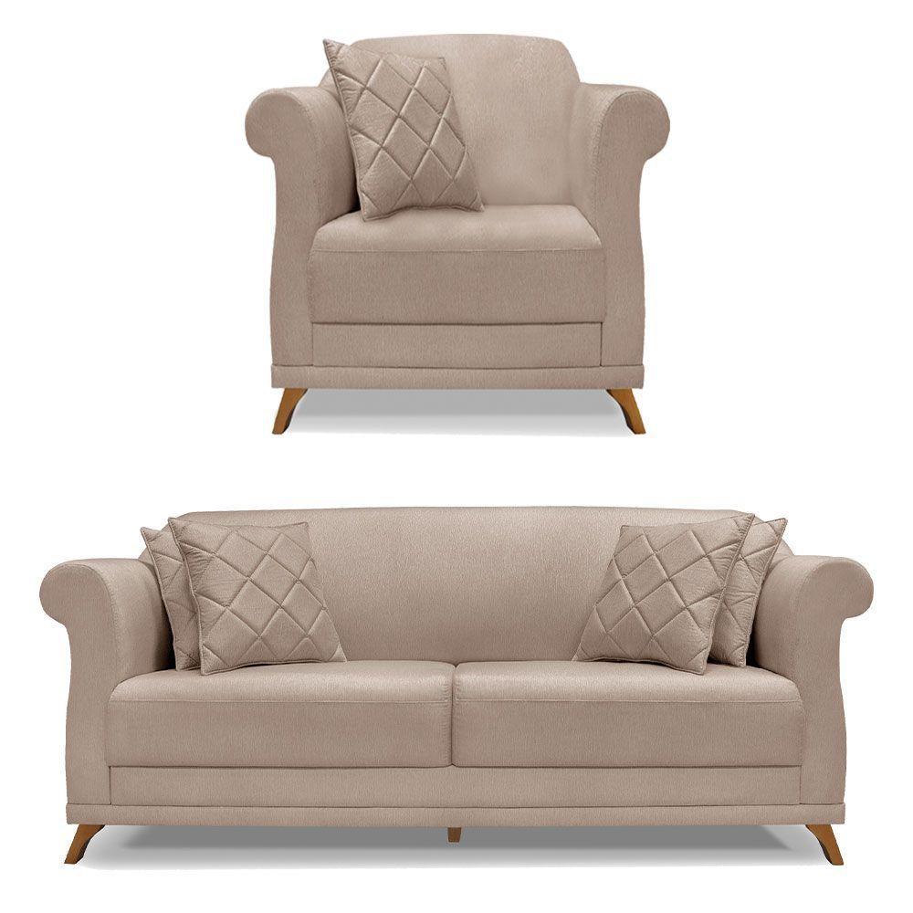 Kit Poltrona E Sofá 2 Lugares 1,80M Areia Pés Castanho - 1