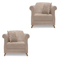 Kit 2 Poltronas Sala De Estar Linho Pés CastanhoCor Areia - 1