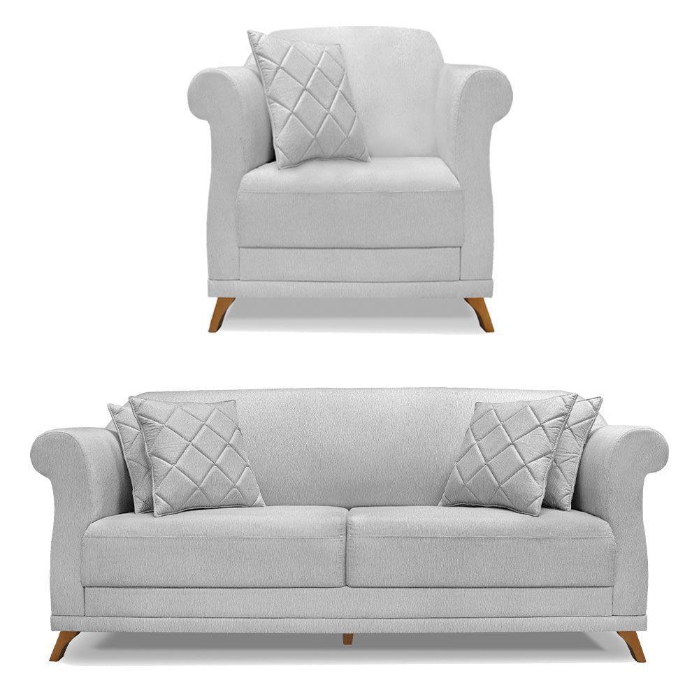 Kit Poltrona E Sofá 2 Lugares 1,80M Cinza Pés Castanho - 1