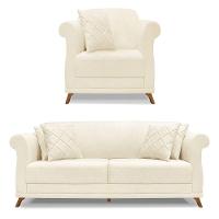 Kit Poltrona E Sofá 2 Lugares 1,80M Bege Pés Castanho - 1