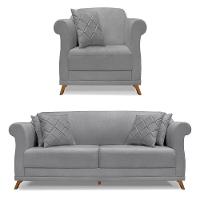 Kit Poltrona E Sofá 2 Lugares 1,80M Grafite Pés Castanho - 1