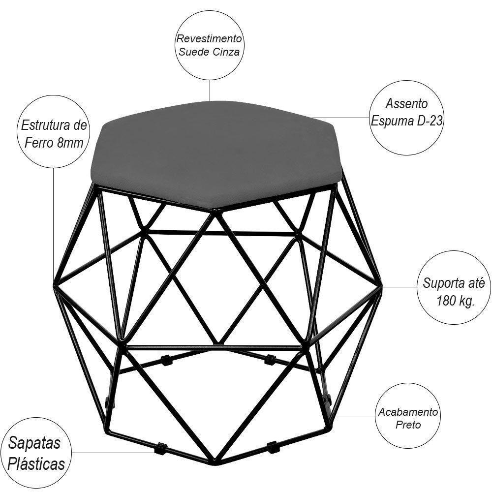 Kit 03 Puffs Aramado Preto Six L02 Suede Cinza - 3