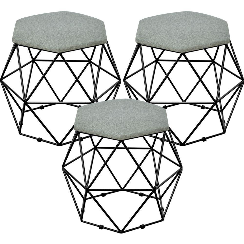 Kit 03 Puffs Aramado Preto Six L02 Linho Cinza Escuro - 1