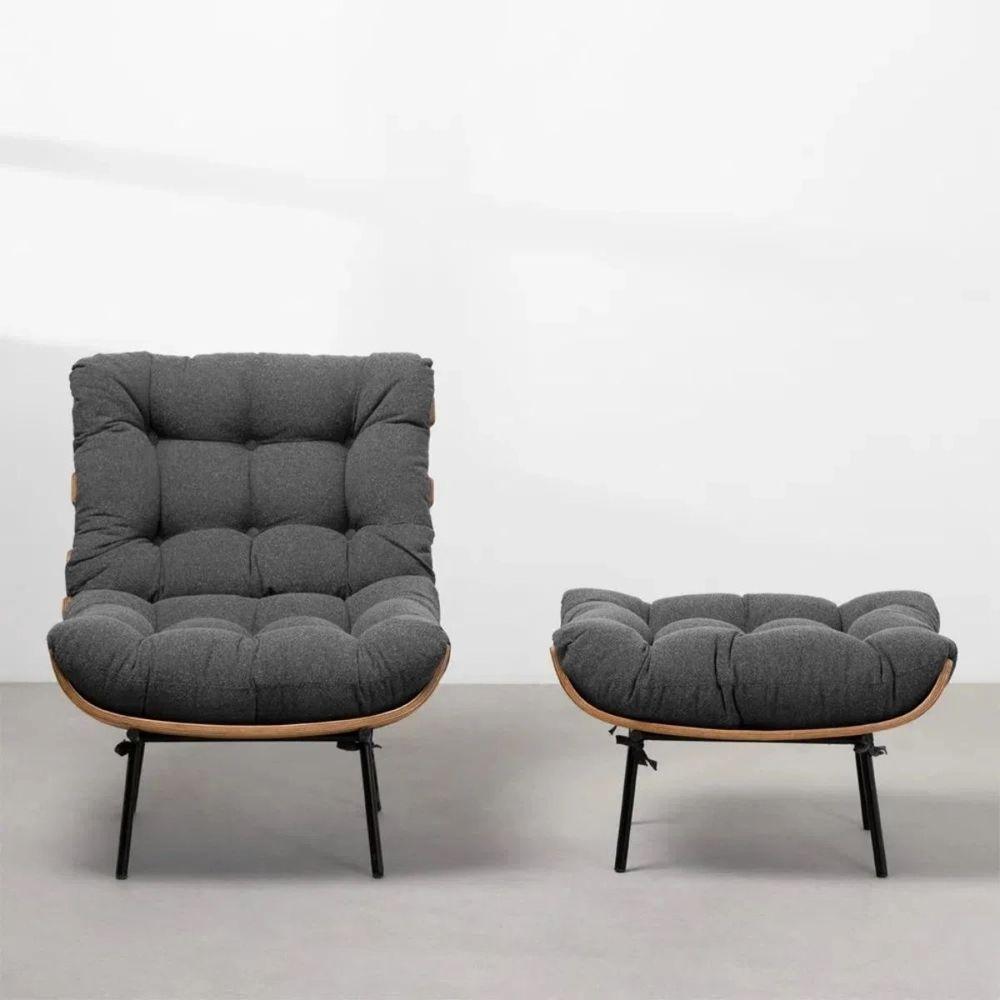 Kit Poltrona Costela Com Puff Para Sala Linho Chumbo - 1