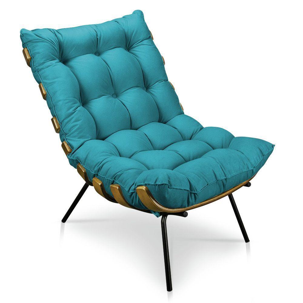 Kit Poltrona Costela Com Puff Para Sala Veludo Azul Turquesa - 7