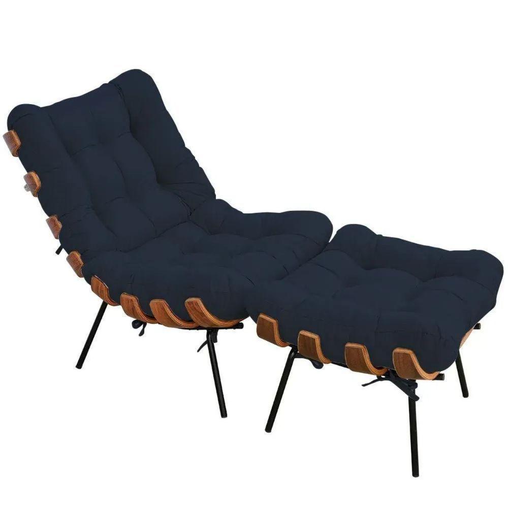 Kit Poltrona Costela Com Puff Para Sala Suede Azul Marinho - 4