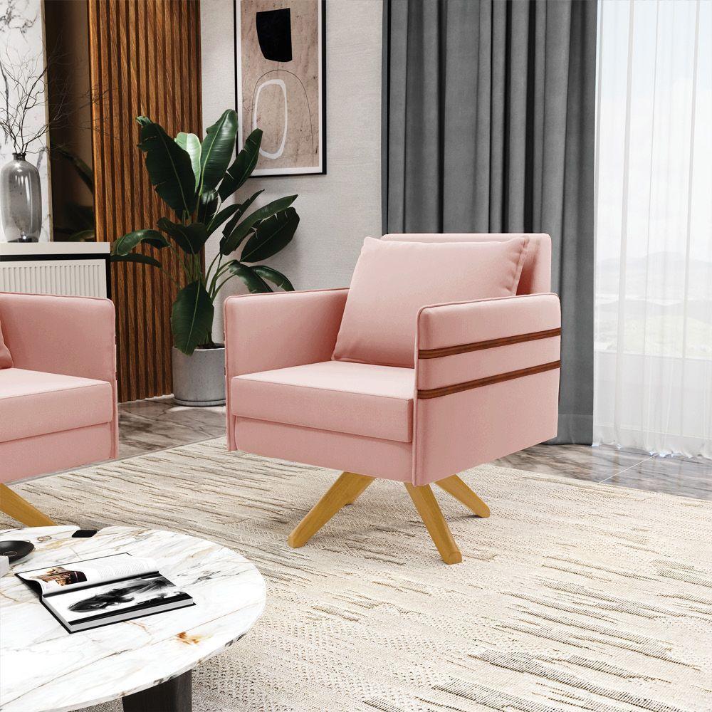 Poltrona Giratória Mari Veludo Base De Madeira Ma30 Rose - 7