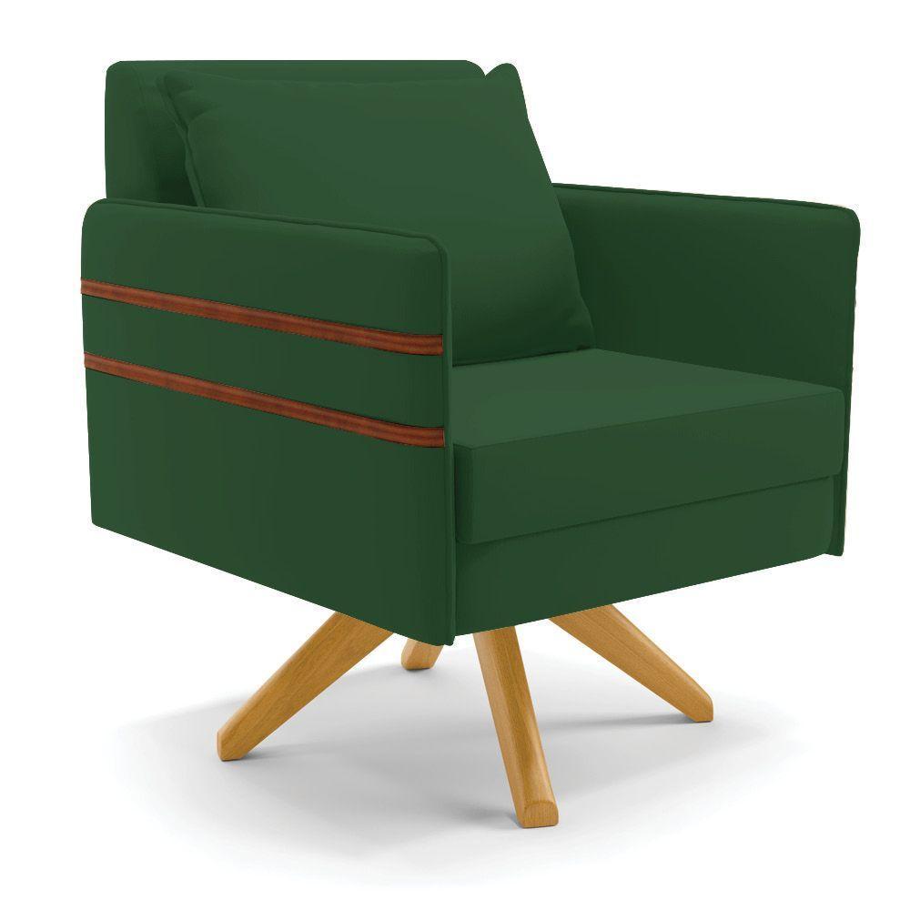 Poltrona Giratória Mari Veludo Verde Base De Madeira Ma30 - 1
