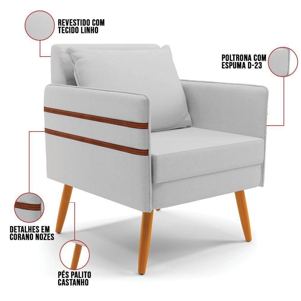 Poltrona Mari Linho Cinza A05 Pés Palito Castanho - D'rossi - 4