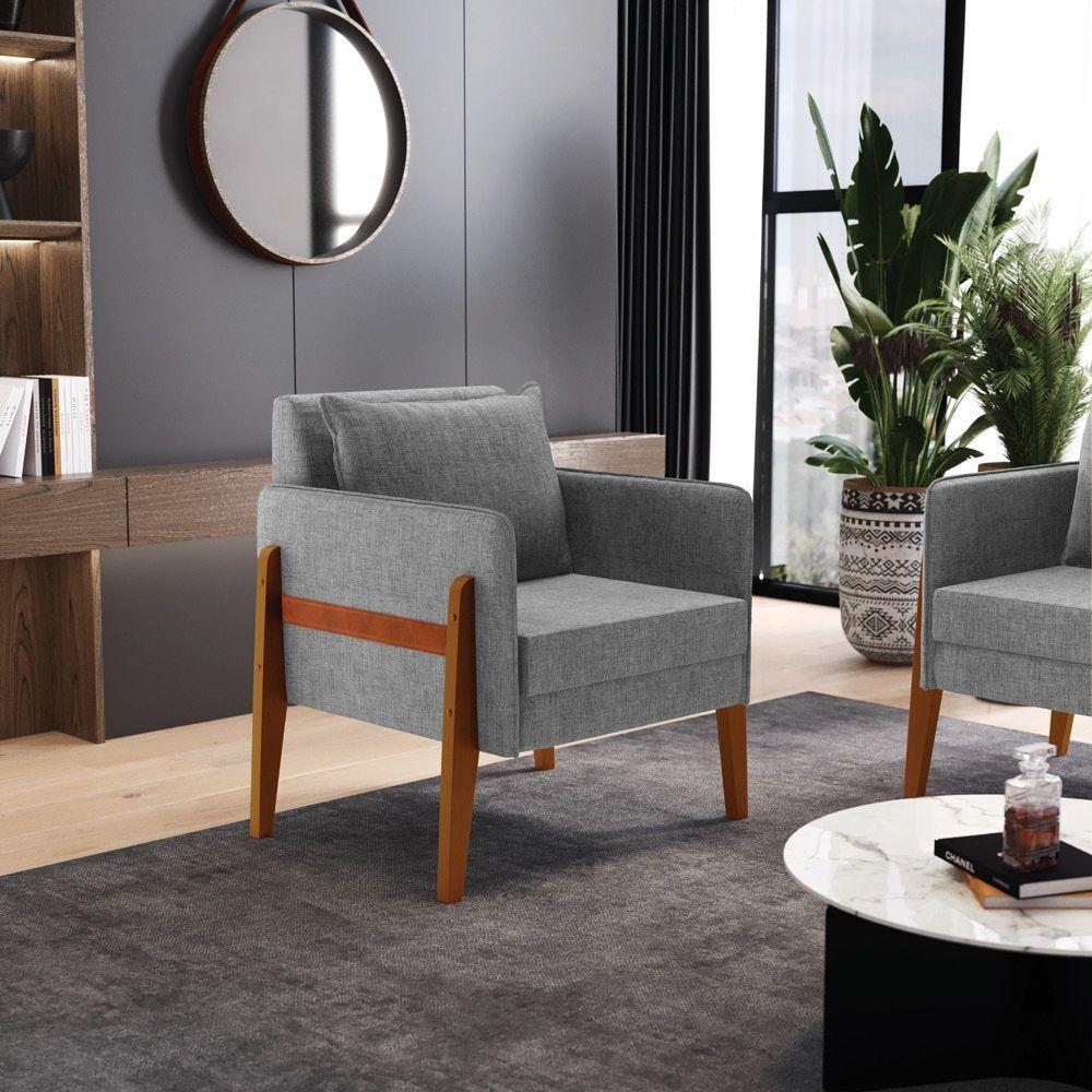 Poltrona Lana Linho Base De Madeira A26 Grafite - 8