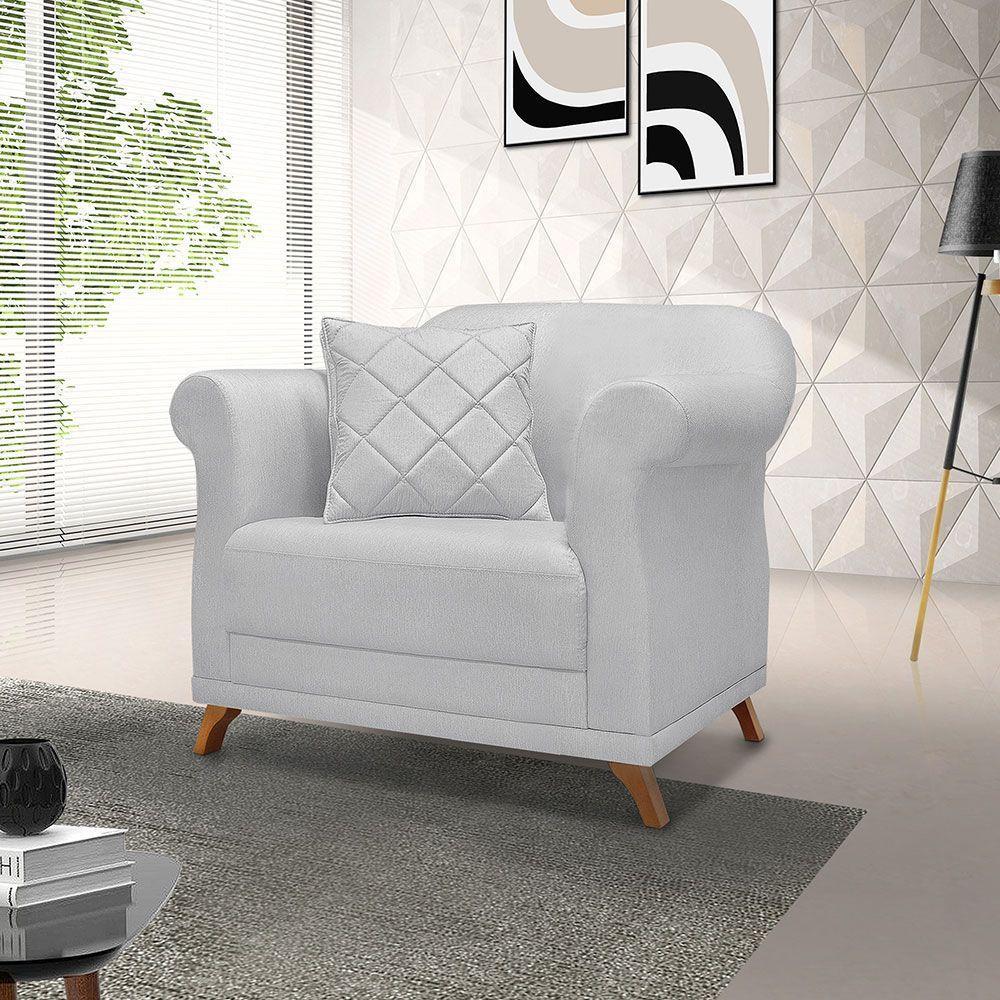 Poltrona Para Sala De Estar Linho Pés CastanhoCor Cinza - 7