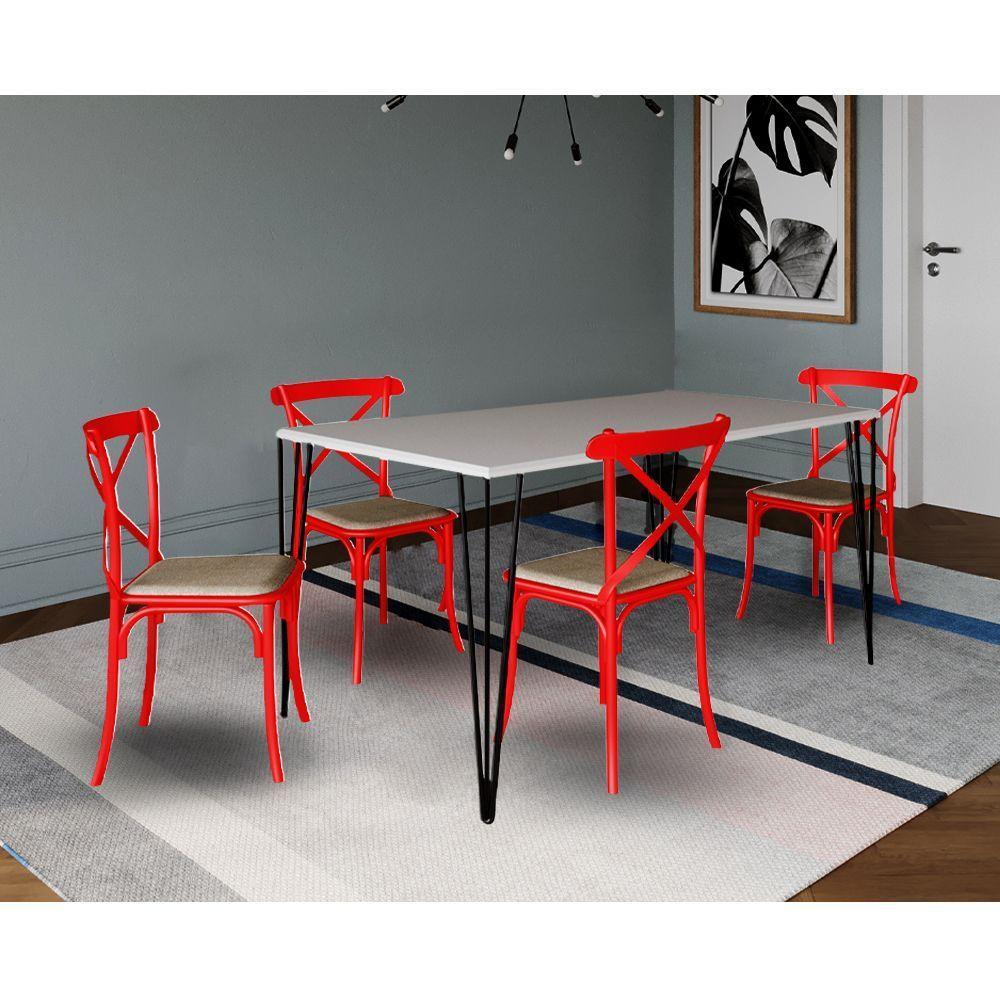 Conjunto De Mesa Elen Retangular 140X80Cm Branco Com 4 Cadeiras Katrina Vermelha As - Branco - 1